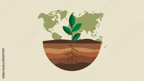 Minimal vector illustration of a green plant growing out of soil layers with a world map background symbolizing eco friendly global sustainability and environmental conservation