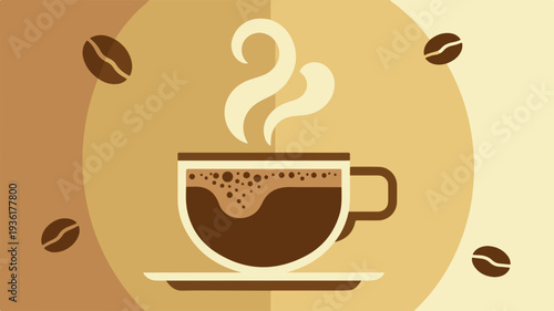 Steaming hot coffee cup on saucer with beans warm brown background inviting morning drink concept