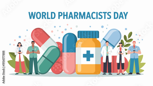 World pharmacists day illustration with pharmacists and medication symbols celebrating healthcare professionals