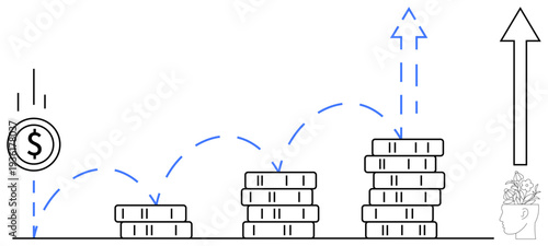Coin bouncing to form increasing stacks, upward arrow, and potted head with plant Ideal for finance, investment, growth mindset, strategy, wealth management, success saving. Simple flat metaphor
