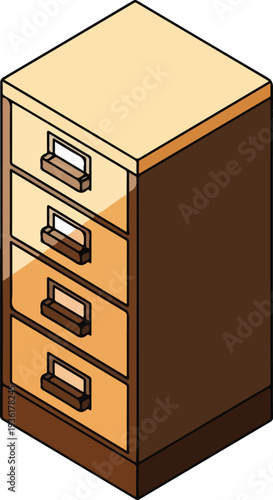 Wooden four drawer filing cabinet with warm finish.