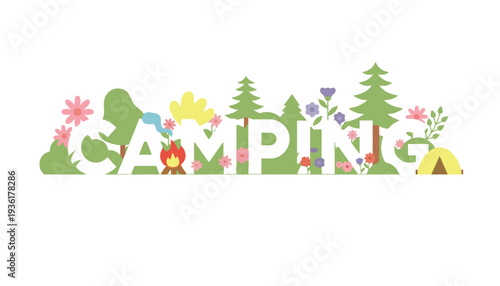 Camping vector illustration with colorful flowers and trees outside