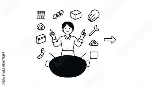 Woman making Budae Jjigae in a step by step vector illustration
