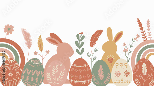 Easter bunnies and decorated eggs with flowers and rainbows in pastel colors festive spring illustration