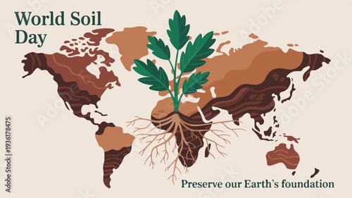 Vector illustration of a green plant growing out of soil on a world map for world soil day symbolizing earth conservation and sustainability