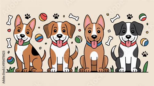 Four cartoon dogs sitting with dog toys and bones around them on a beige background