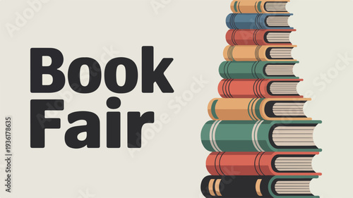 Colorful book fair poster with stacked books and text on beige background symbolizing reading and literature event