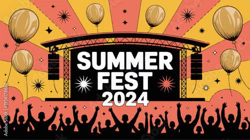 Vibrant summer fest 2024 celebration scene with silhouetted crowd and balloons