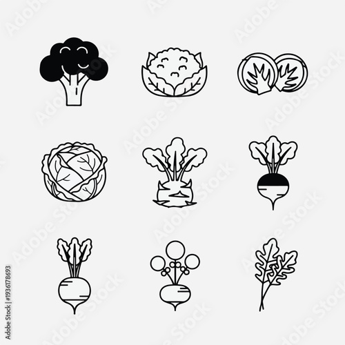 Assorted vegetable icons collection in line art style.