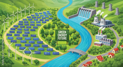 Sustainable energy landscape showcasing solar farms, wind turbines, hydroelectric dam, and eco- futuristic infrastructure