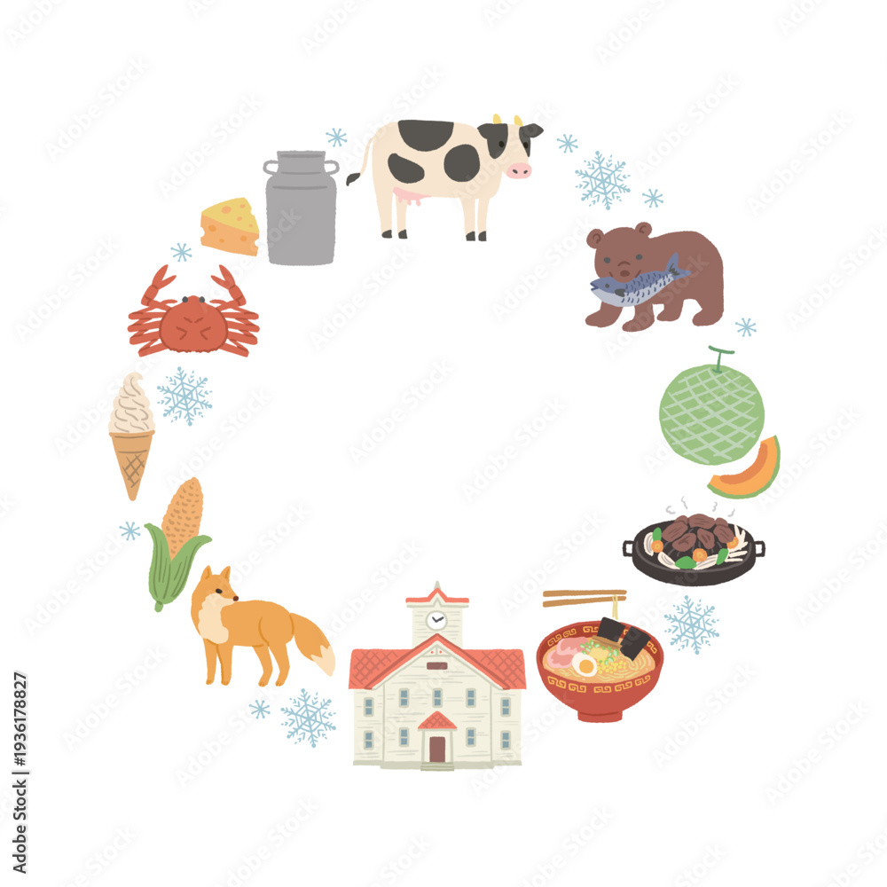 Fototapeta premium 北海道にまつわるかわいいイラストセット フレーム