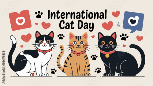 Three cats celebrating international cat day with hearts and paw prints on a beige background