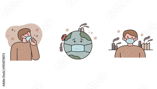 Mask vector illustration of people and Earth with pollution around them
