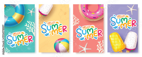 Set of Summer Holiday Vertical Banners with Inflatable Rings, Beach Balls, and Colorful Popsicles.