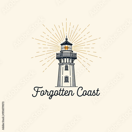 Vintage Lighthouse with Sunburst Rays and Forgotten Coast Text.