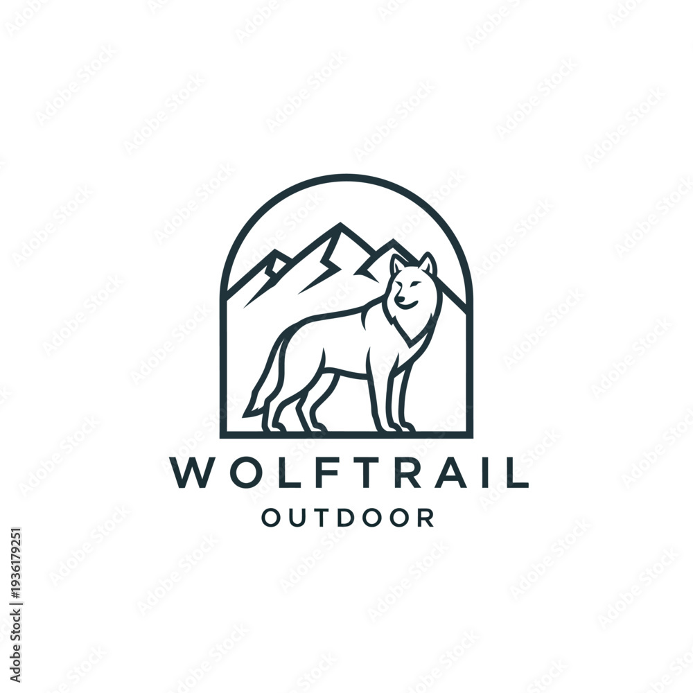 Obraz premium Wolf Trail Outdoor Logo Design Featuring a Wolf and Mountains.