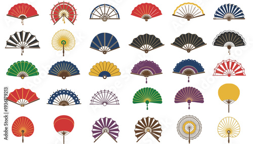 Fan vector illustrations in various colors and designs are shown here