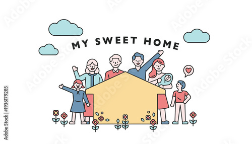 Family standing in front of a cartoon house with a happy atmosphere