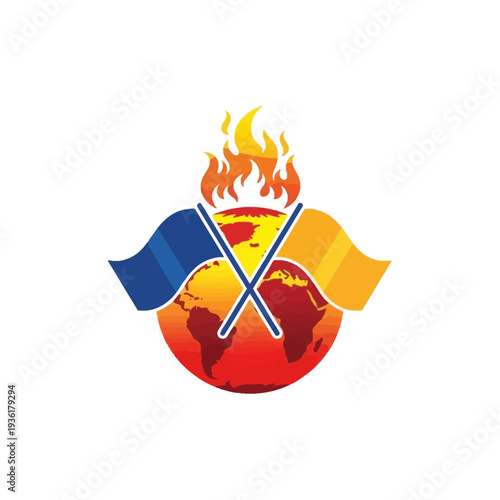 Global emblem of unity or conflict, featuring crossed flags and a vibrant flame ascending from the Earth, symbolizing worldwide movements and passionate endeavors