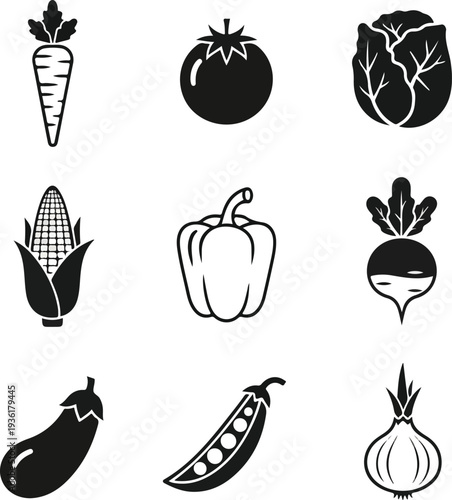 Assorted vegetable icons collection featuring carrot tomato cabbage corn pepper.