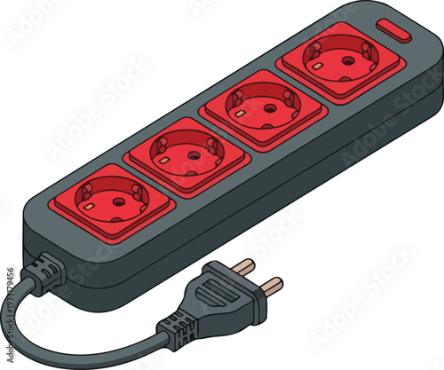 Four Outlet Power Strip with Red Sockets and Plug.