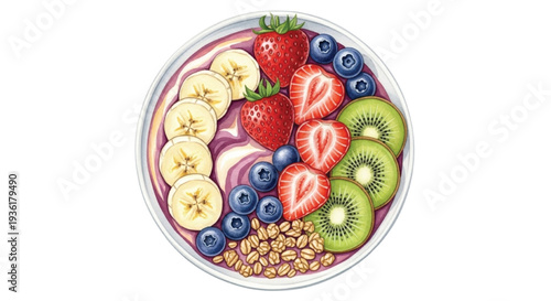 Hand Drawn Watercolor Smoothie Bowl with Banana, Strawberry, Blueberry, Kiwi and Granola Top View