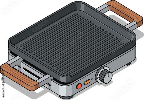 Electric grill pan with wooden handles.