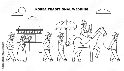 Wedding couple in traditional Korean attire riding a horse illustration