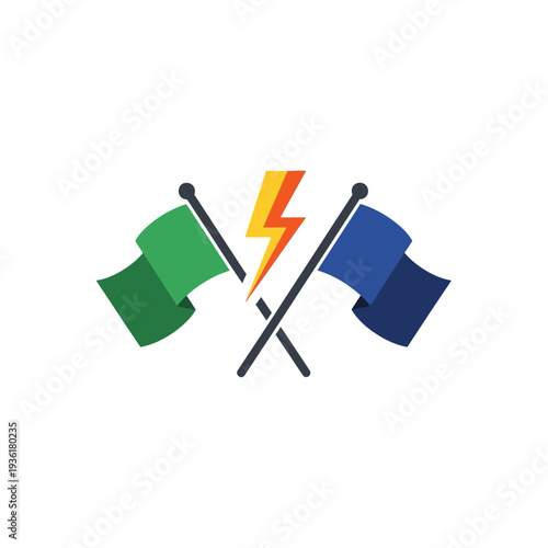 Dynamic emblem of a challenge or competition with crossed flags and a striking lightning bolt, symbolizing power, rivalry, and decisive action