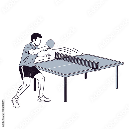 Man playing table tennis, hitting ball over net, sports illustration