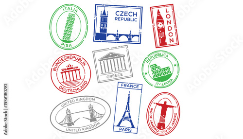 Passport stamps from various countries around the world in vector illustration