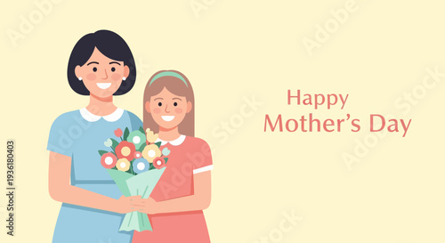 Mother and Daughter Holding Flowers Together.