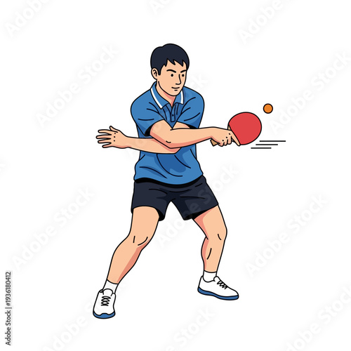 Man playing table tennis, hitting ball with paddle, active sport game, vector illustration