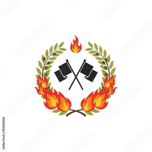 Vibrant emblem for sports and racing events, depicting crossed checkered flags within a stylized laurel wreath crowned with fire, signifying achievement and energy