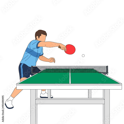 Man playing table tennis, hitting ball with paddle over net, dynamic movement