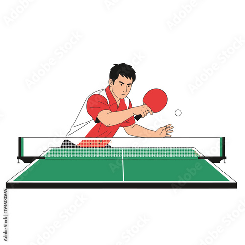 Man playing table tennis, hitting ball with racket over net, sports illustration
