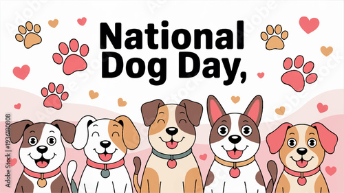Five friendly dogs celebrate national dog day with hearts and paw prints