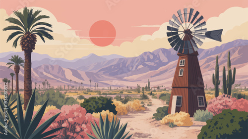 Vibrant desert landscape with windmill palm trees and mountains at sunset warm colors and serene atmosphere illustration
