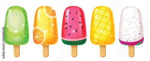 Colorful Fruit Popsicle Collection: Kiwi, Orange, Watermelon, Pineapple, and Dragon Fruit Vectors