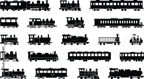 Train silhouettes pattern, steam engine design, passenger car artwork, freight train vector, railway illustration, transportation background, locomotive symbol, travel decoration