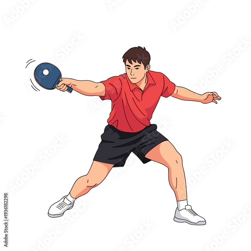 Young man playing table tennis, hitting a forehand shot with racket, dynamic pose