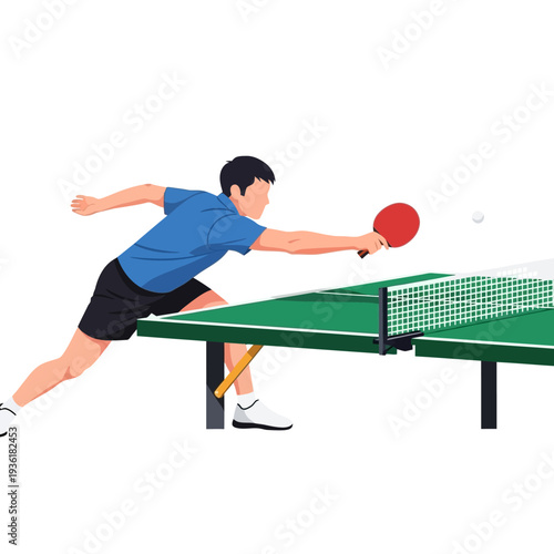 Young man playing table tennis, reaching for a shot with a red paddle