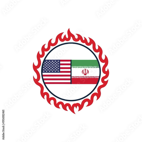 Confrontation between USA and Iran flags inside a ring of fire, symbolizing conflict and intense geopolitical tensions