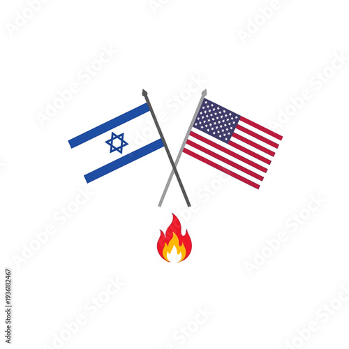 Israeli and American flags crossed above a flame, symbolizing conflict or shared challenges