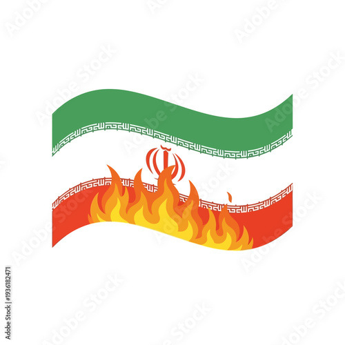 Waving flag depicting a burning illustration with vibrant colors and detailed textures, suggesting a national symbol in distress