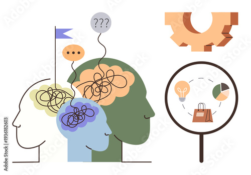 Mental clarity, decision-making, problem-solving, business strategy, innovation, creativity. Human heads with tangled lines, gears and a magnifying glass. Mental clarity and decision-making