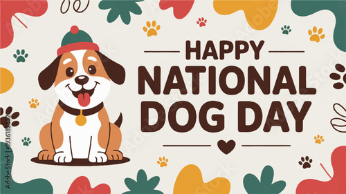 Happy national dog day celebration with smiling cartoon beagle in colorful background
