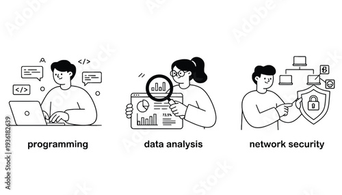 Laptop vector illustration of people working on programming, data analysis, and network security