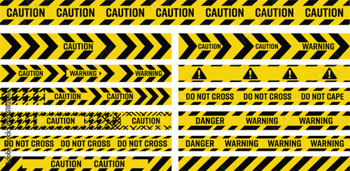 Collection of caution warning signs and hazard stripes in various patterns and designs