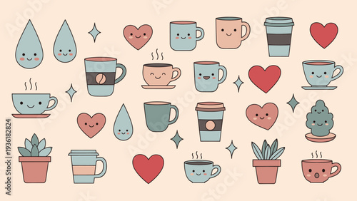 Cute Kawaii Coffee Cups Hearts and Plants Collection.